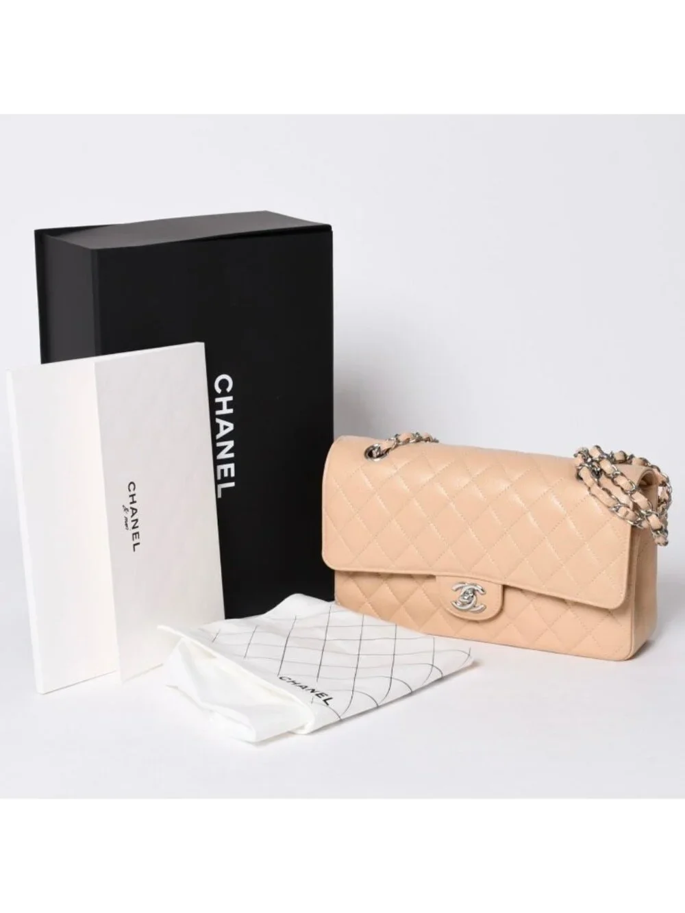 Chanel Quilted 25 Double Flap Chain Shoulder Bag Caviar Leather Beige Gold